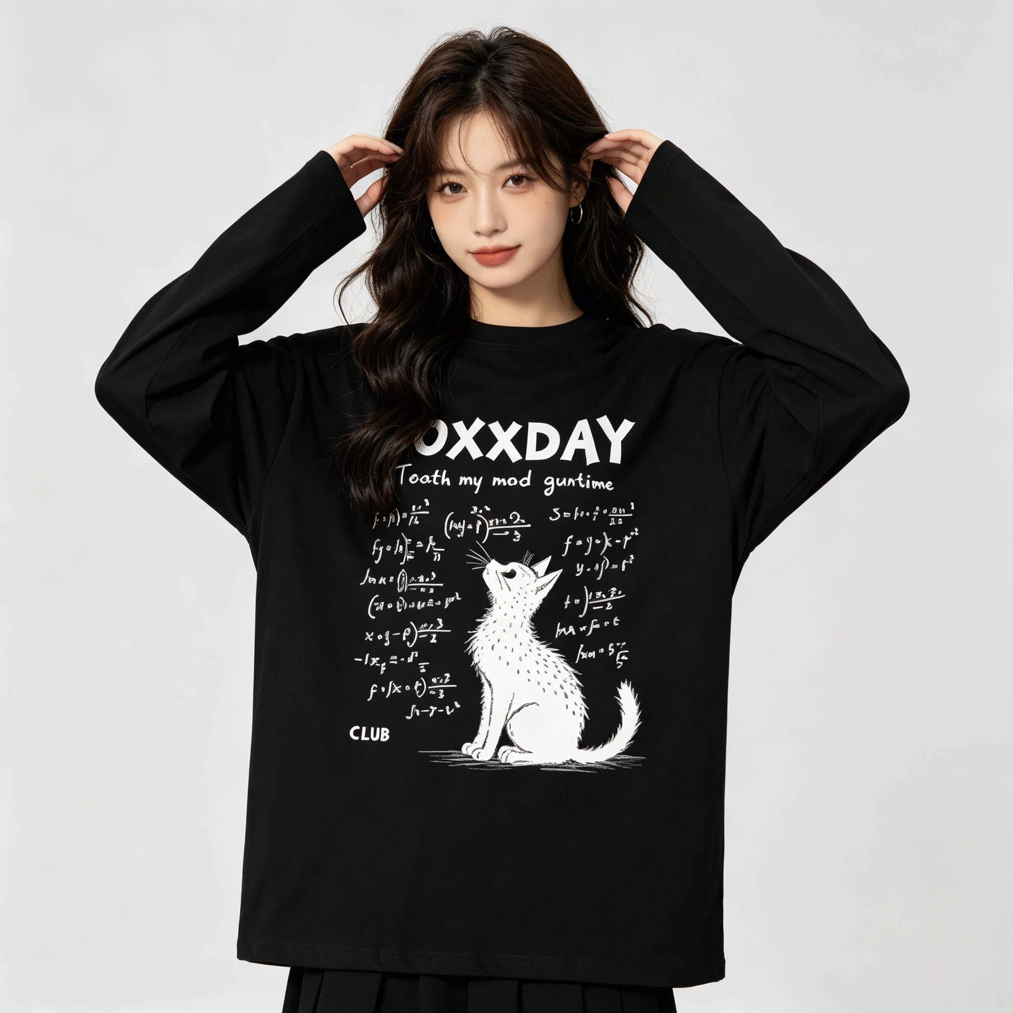 FOXXDAY数学喵星人·小众原创休闲宽松百搭圆领长袖T猫咪方程式图片