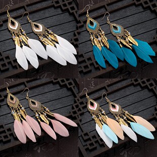 异域风耳饰复民族风耳坠夸张环波西米亚风羽毛耳环耳夹无耳洞女