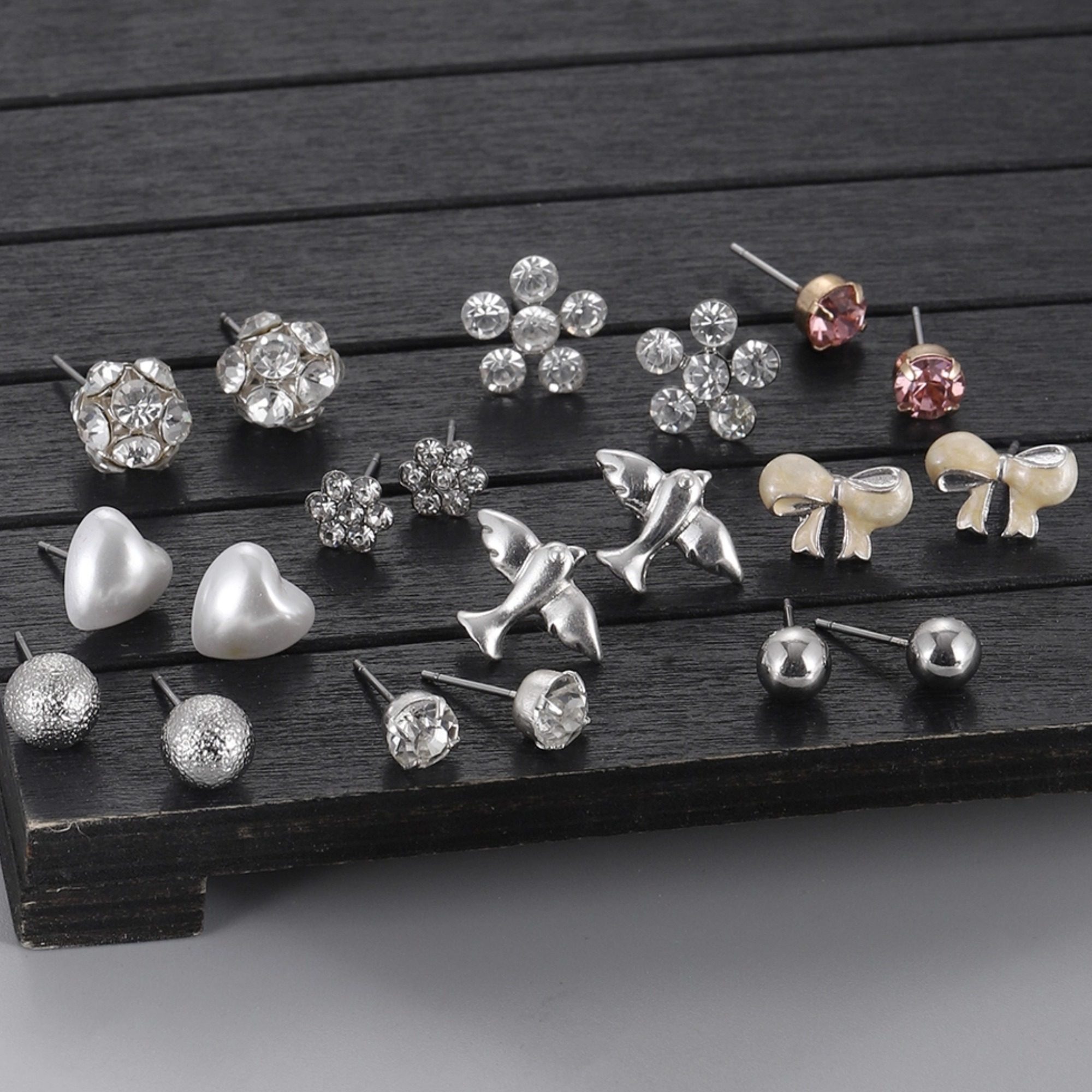 简约水晶爱心蝴蝶结耳钉耳环套装