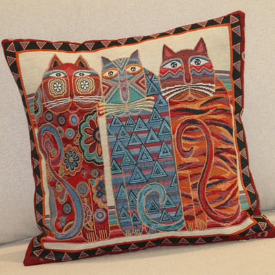 复古民族风高脚猫咪抱枕十字绣客厅沙发靠垫枕套手工diy满绣刺绣