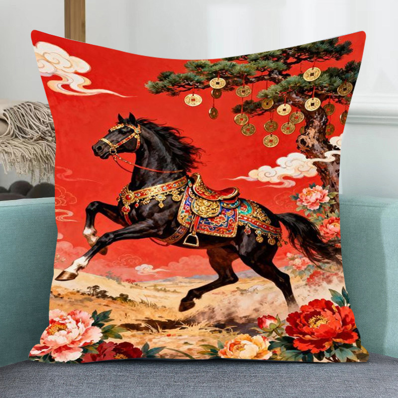 黑色骏马牡丹花十字绣线绣材料包现代客厅卧室抱枕满绣小件自己绣