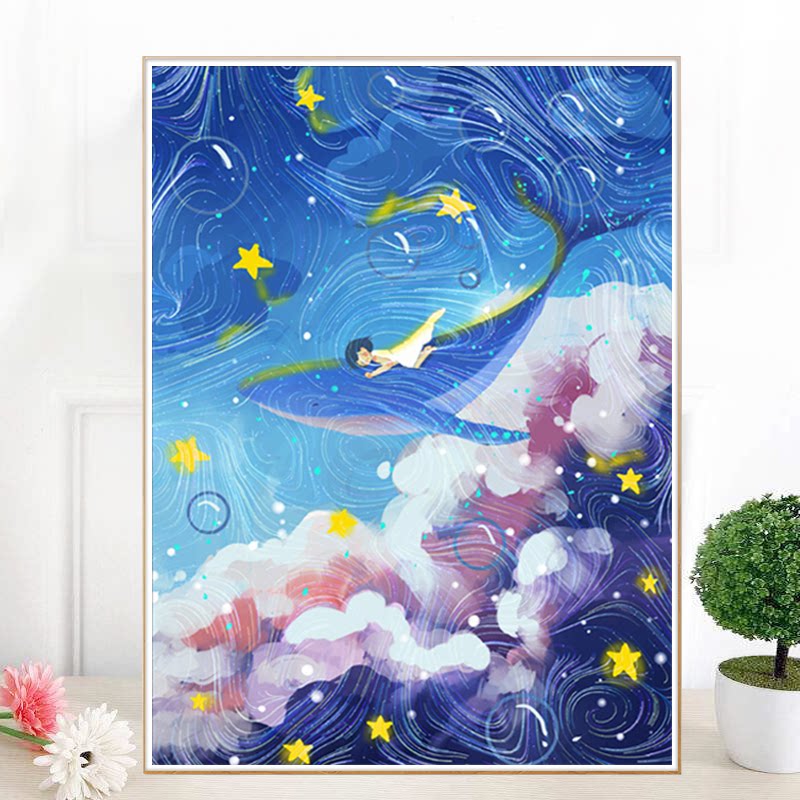 钻石画2022新款满钻唯美星空卡通鲸鱼儿童贴钻十字绣女孩卧室带框