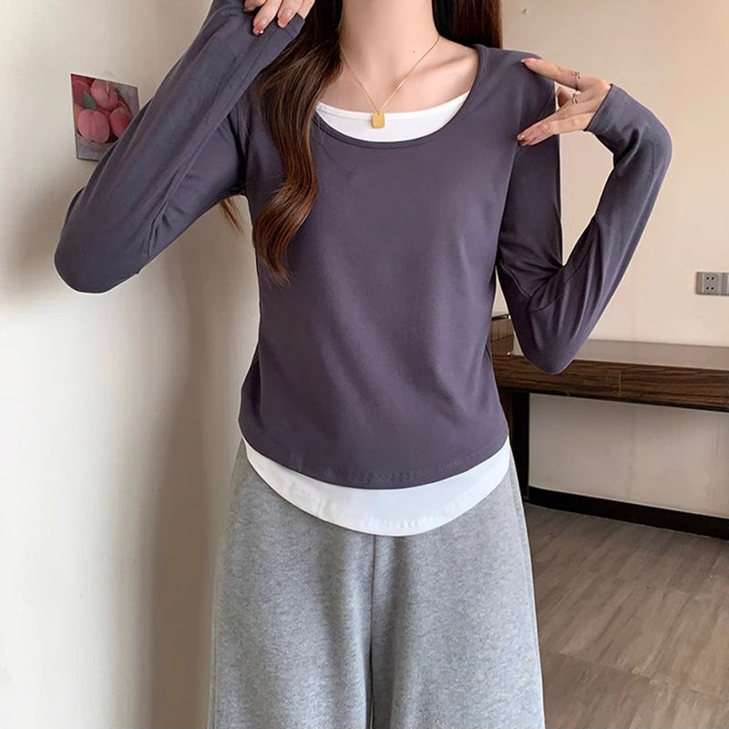 小个子深灰色内搭外穿打底衫女假两件拼接撞色纯棉t恤长袖上衣秋