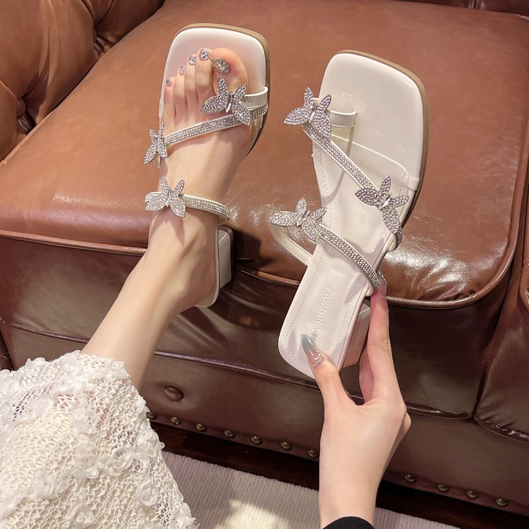 套趾水钻蝴蝶结拖鞋女外穿半拖2025夏季新款仙女风配裙子高跟凉拖