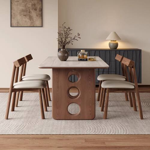 中古风洞石岩板餐桌家用小户型长方形实木餐桌法式复古胡桃色饭桌