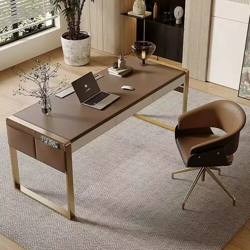 轻奢马鞍皮书桌意式极简设计师办公桌书房写字台电脑桌25新款书桌