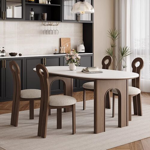 中古风岩板餐桌家用小户型现代简约长方形实木饭桌25款胡桃色餐桌