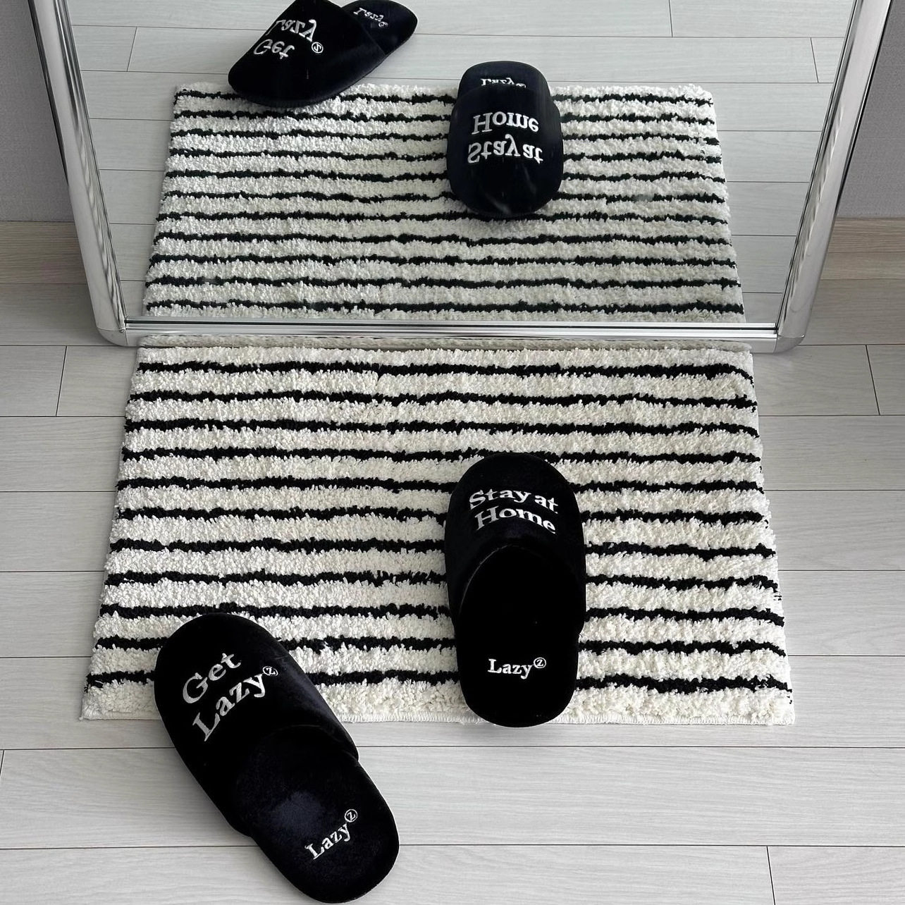 跨境北欧簇绒卧室床边黑白条纹棋盘格简约浴室吸水仿羊绒地毯