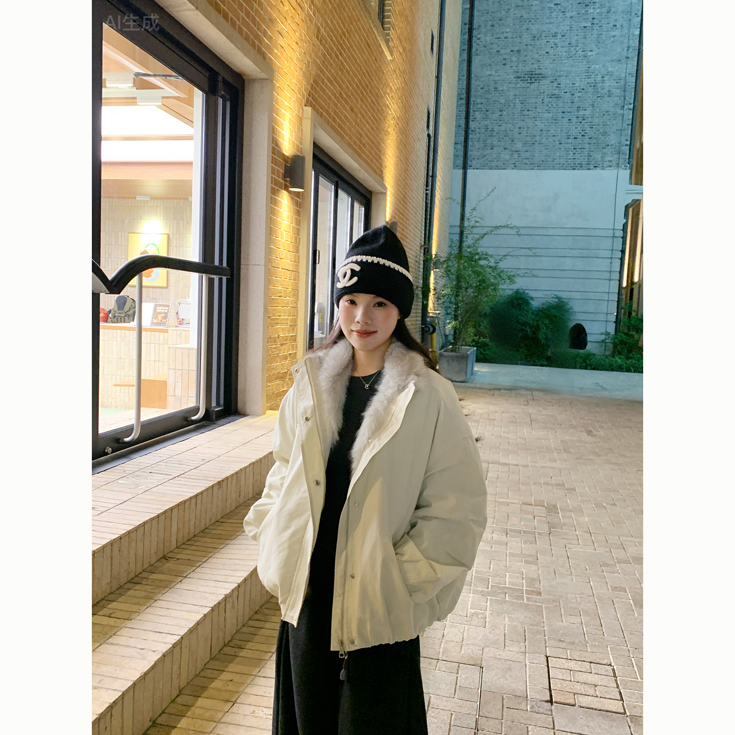 Peanut 花生糖 环保毛领茧型棉服外套冬季新款韩版宽松派克外套