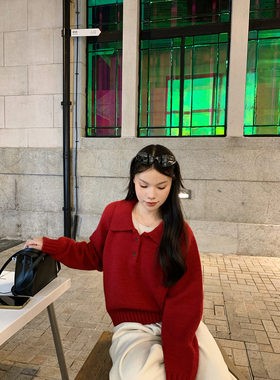 Peanut 花生糖 红色polo短款毛衣秋冬新款宽松节日氛围感针织衫