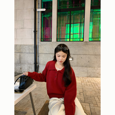 Peanut 花生糖 红色polo短款毛衣秋冬新款宽松节日氛围感针织衫