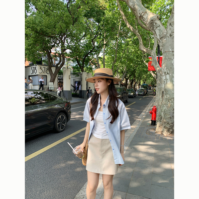 Peanut 花生糖 设计感卷边短袖衬衫女夏季新款韩版宽松显瘦廓形