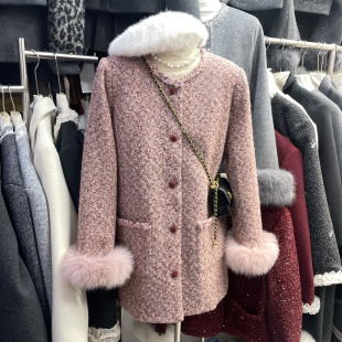 小香风毛毛袖中长款羽绒棉服女2024冬新款气质显瘦加厚毛呢外套