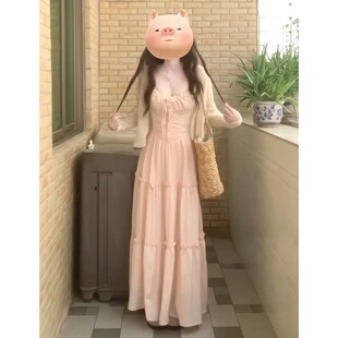 法式复古甜美风蕾丝拼接气质吊带连衣裙女学生+防晒薄披肩两件套