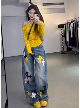 白色贴皮十字架直筒牛仔裤女设计感高腰气质显瘦阔腿长裤