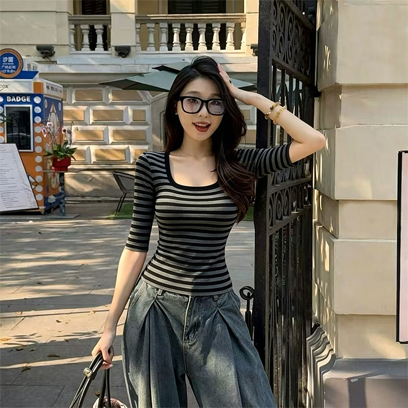230克冰丝罗纹    复古简约中袖条纹T恤女美式设计感修身显瘦上衣
