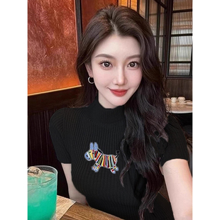 【包芯纱】彩虹马刺绣半高领短袖针织衫女修身打底衫早秋黑色上衣