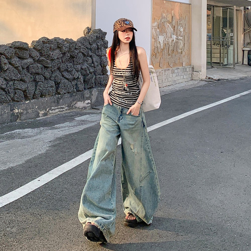 26th ootd!｜复古解构设计感弯刀阔腿牛仔裤男女宽松水洗做旧裤子