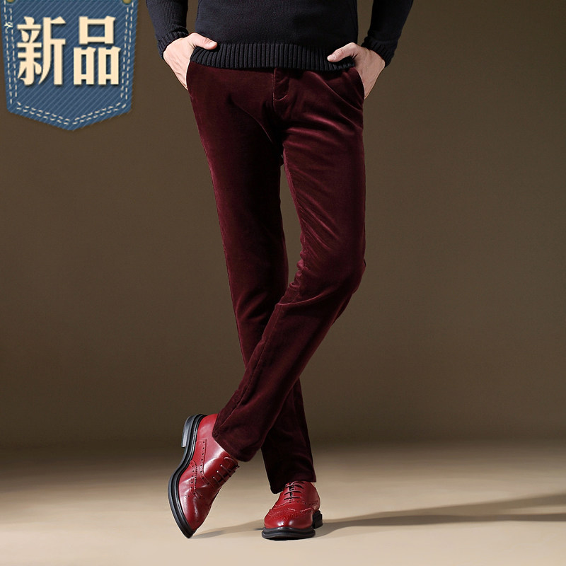 与狼共舞秋冬款灯芯绒男裤冬季男士休闲裤加绒加厚条绒裤修身小脚