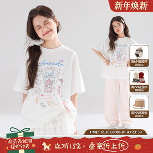 T恤夏日T恤女童夏季 雪花棉柔软宽松手绘印花短袖 新 心愿童话
