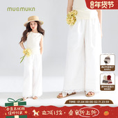 子女童夏新款 重工蕾丝花边白色直筒裤 夏日沙滩 莱赛尔凉感棉