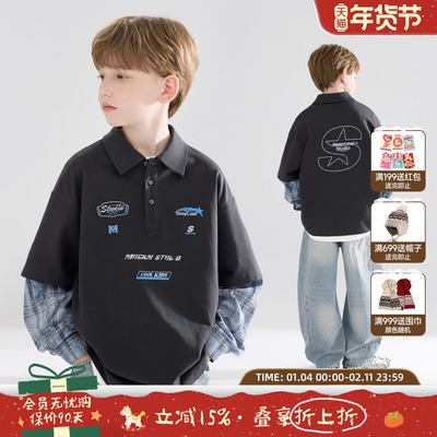 MUCMUKN【赛车竞速】sorona凉感抑菌衬衫拼接假两件PoloT恤男童春