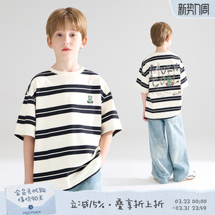 美式 潮酷小怪兽绣花短袖 街头条纹T恤男童夏 加州艺术家 MUCMUKN