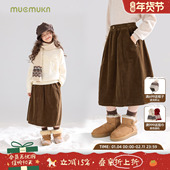 棉质灯芯绒复古花苞半身腰裙百搭女童冬新款 MUCMUKN 雪夜木屋