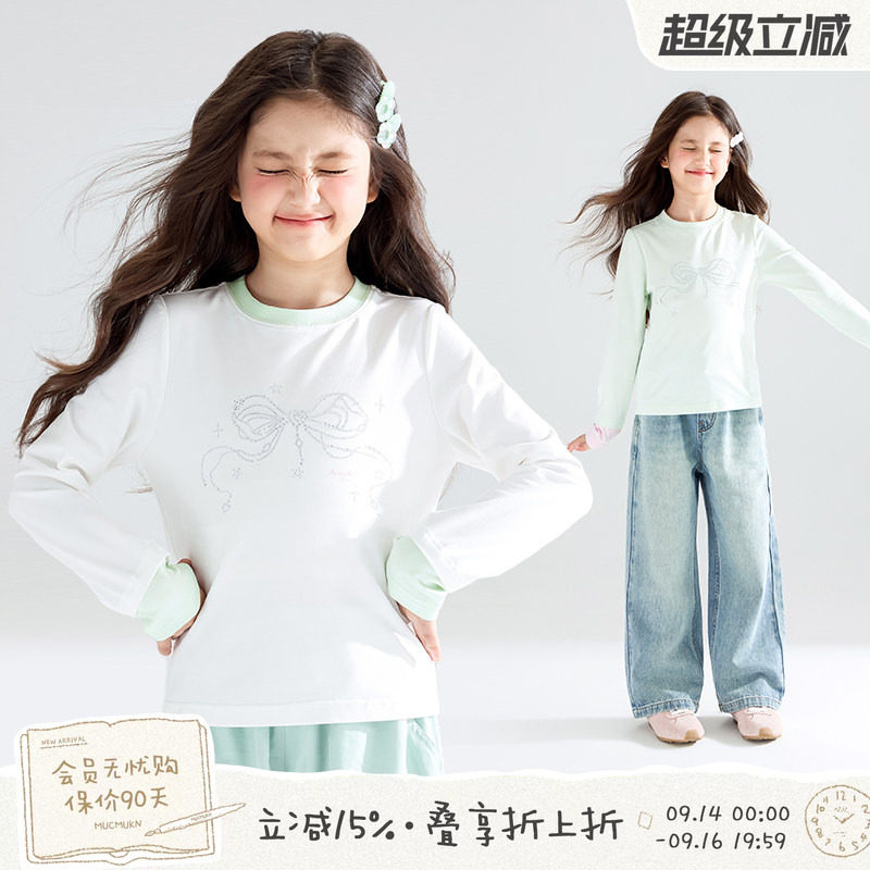 MUCMUKN【清甜蜜瓜】sorona光盾蝴蝶结烫钻印花假两件长袖T恤女童图片