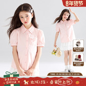 短袖 女童夏 重工压褶领泡泡袖 衬衫 蜜桃布蕾 凉感天丝莱赛尔棉