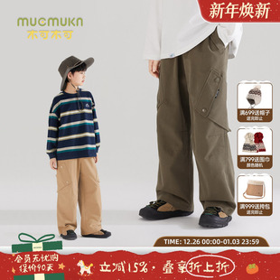 子宽松百搭军绿色潮男松紧休闲长裤 男童秋露营风大口袋工装 裤