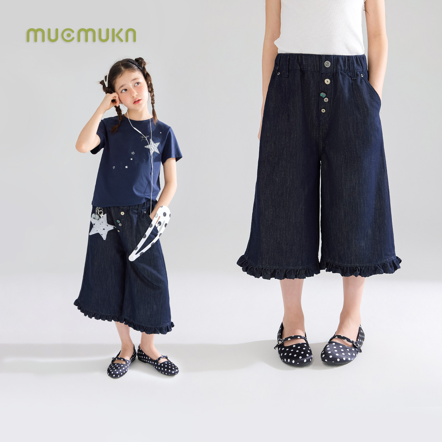MUCMUKN【百搭一夏】复古原牛软牛仔花边七分裤轻亚风女童26夏新图片