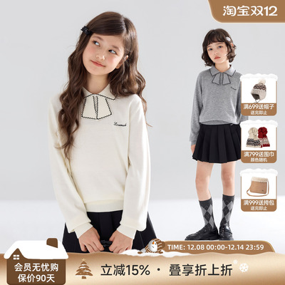 【缪系千金】美利奴羊毛蝴蝶结领毛衣长袖针织打底衫女童秋新款