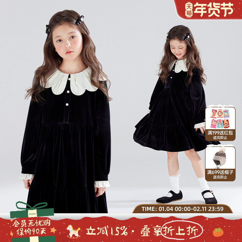 【月下山茶花】法式黑色丝绒连衣裙花瓣领公主甜美礼服派对冬女童,童装/婴儿装/亲子装,连衣裙,淘宝优惠券,粉丝福利购,淘宝优惠卷