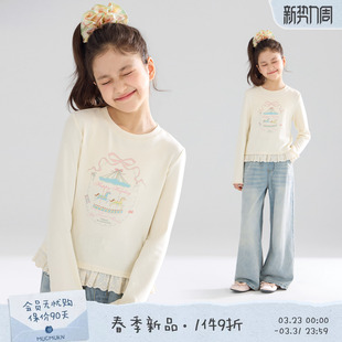 MUCMUKN 莱赛尔新疆棉原创手绘花边T恤甜美女童26春新 木马乐园