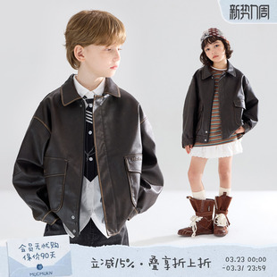 夹克男女童 3M新雪丽绗棉皮衣复古翻领外套加厚美式 摩卡画报