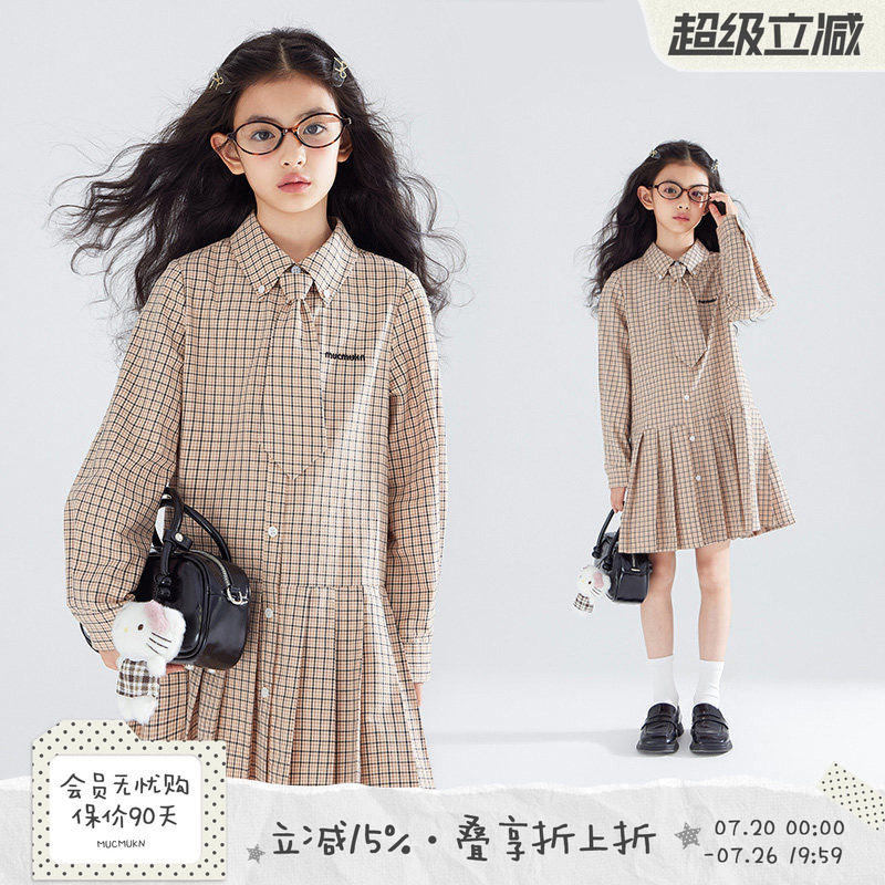 MUCMUKN【格林日记】格子衬衫连衣裙女童摩登棕色衬衫裙秋装
