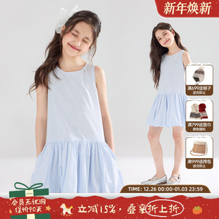 海星烫钻花苞连衣裙度假裙女童夏新款 全棉色织条纹 星星海岛