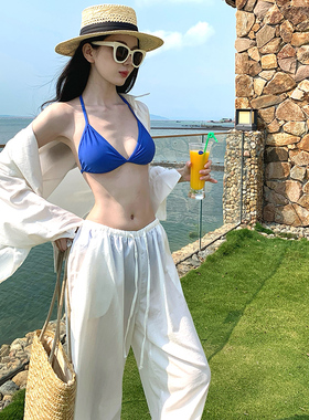纯欲辣妹蓝色比基尼套装性感显瘦海边度假防晒开衫慵懒高级四件套