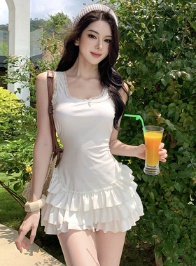 纯欲风白色蛋糕小胸甜美吊带裙式泳衣女保守遮肚显瘦温泉度假泳装