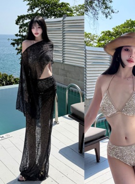 性感黑色比基尼四件套分体长裙显瘦遮肉辣妹纯欲蕾丝高级感假温泉