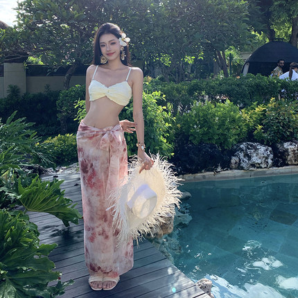 2025新款比基尼长裙三件套网红超仙纯欲性感高级绝美海岛温泉泳衣