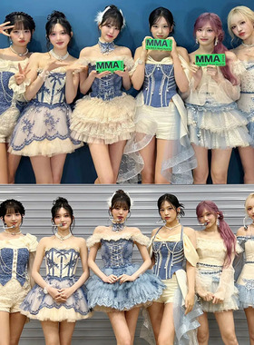 新款女团IVE同款系列雾蓝芭比公主裙一字肩连衣裙拖尾套装演出服