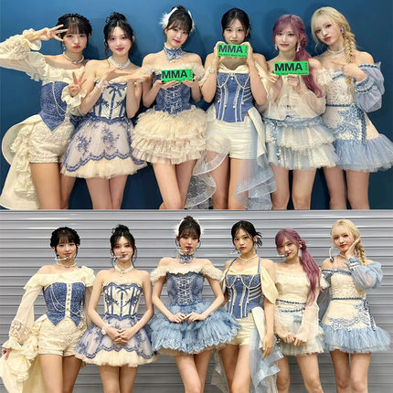 新款女团IVE同款系列雾蓝芭比公主裙一字肩连衣裙拖尾套装演出服