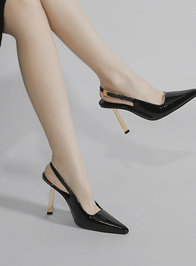 林向晚 女主视角~韩系千金高跟鞋设计感小众气质一字扣带包头凉鞋