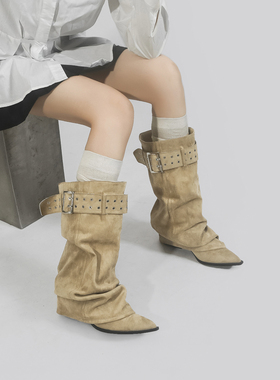 林向晚 游牧少女~西部牛仔靴女不过膝长靴金属风皮带扣褶皱堆堆靴