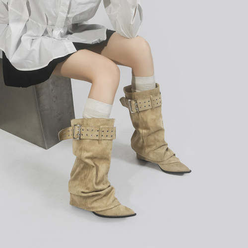 都市游牧少女风大筒围褶皱堆堆靴