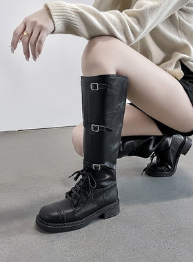 林向晚 穿越沙丘~美拉德不过膝系带长靴复古西部牛仔靴厚底机车靴