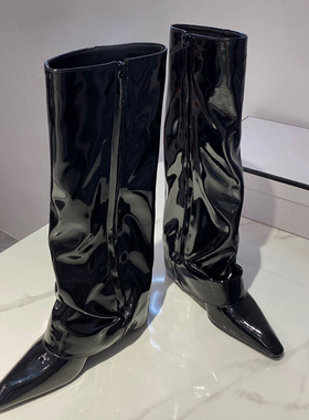 林向晚 2025新款不过膝高筒靴子女 尖头高跟骑士靴漆皮小众裤管靴