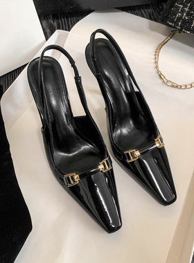 rose朴彩英同款黑色高跟鞋设计感小众气质名媛漆皮包头细跟凉鞋女